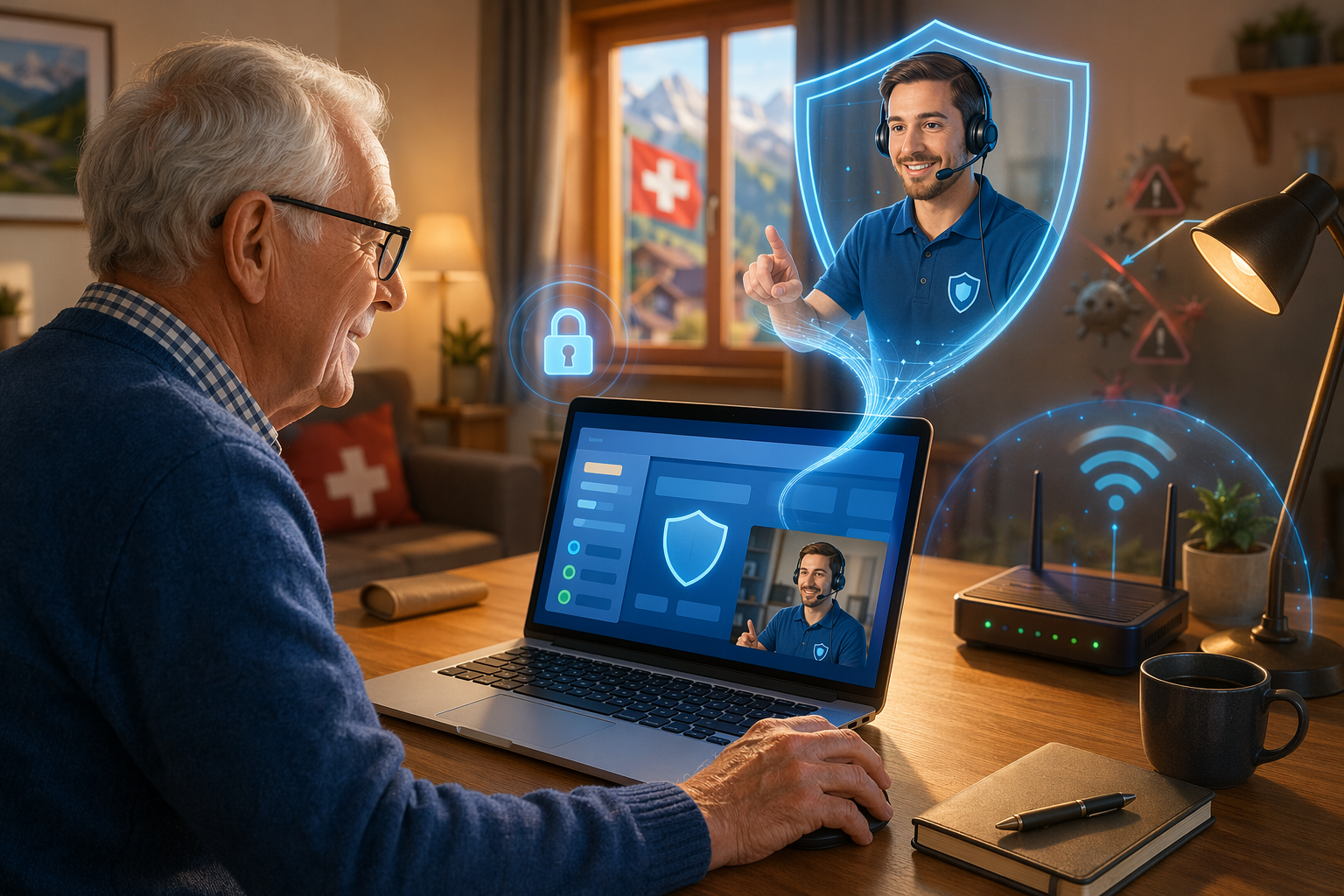 IT specialist assists senior via laptop at home
