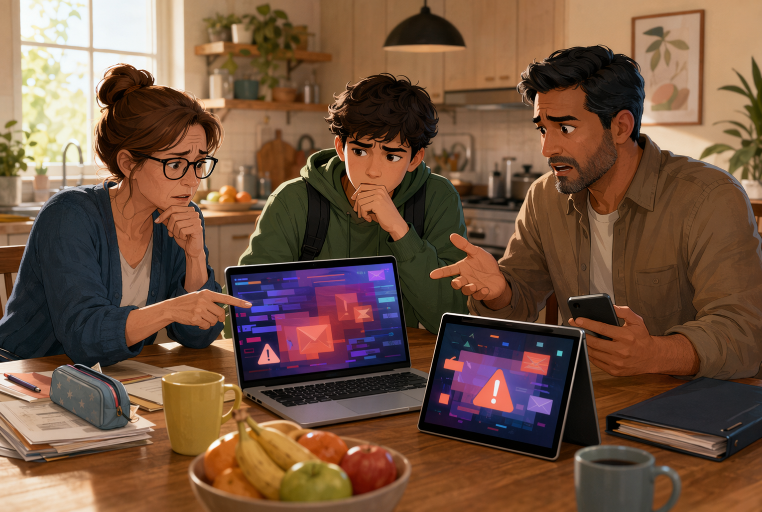 Teacher, student, and business owner discussing PC issues at kitchen table