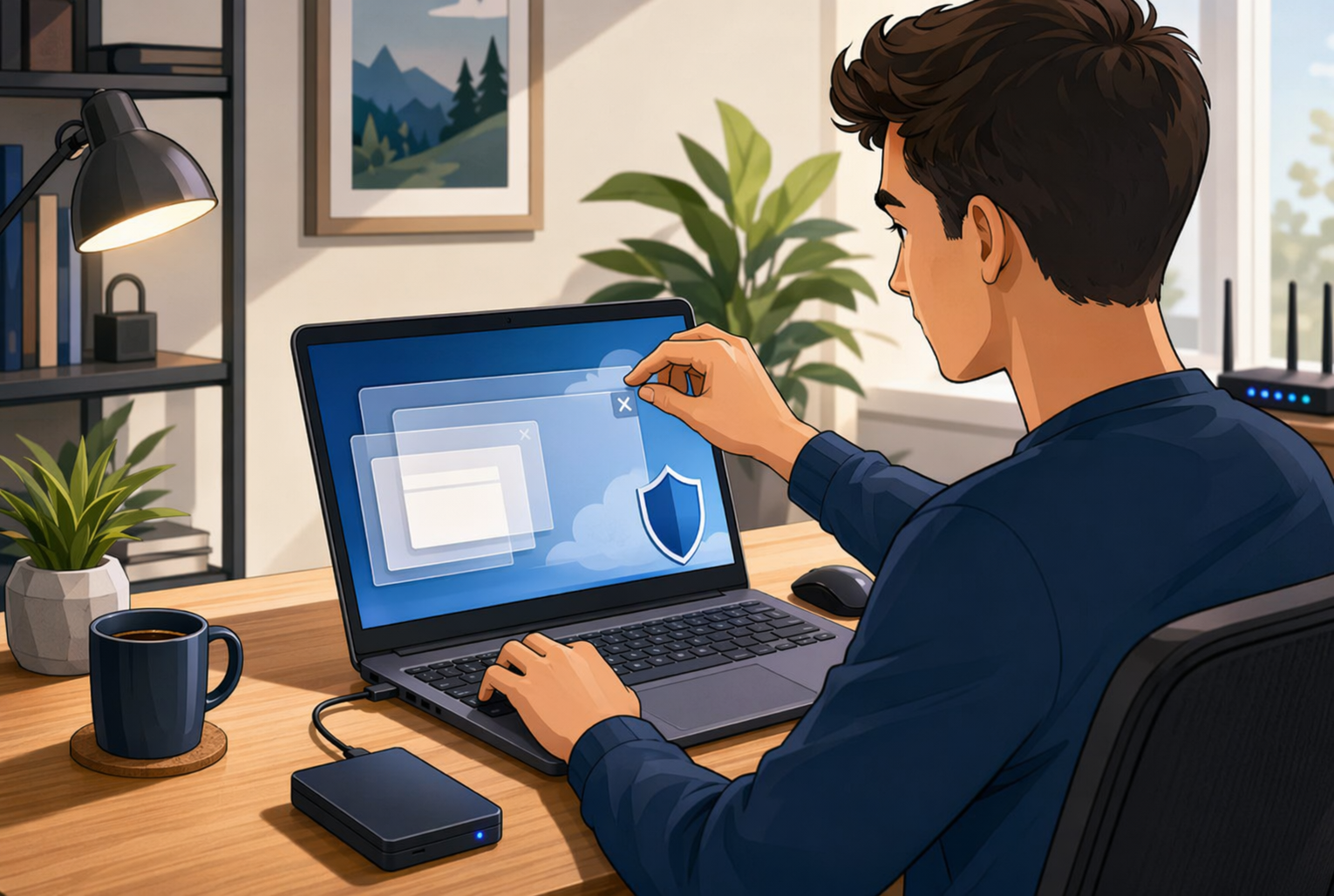 Person updating Windows Defender on laptop in home office