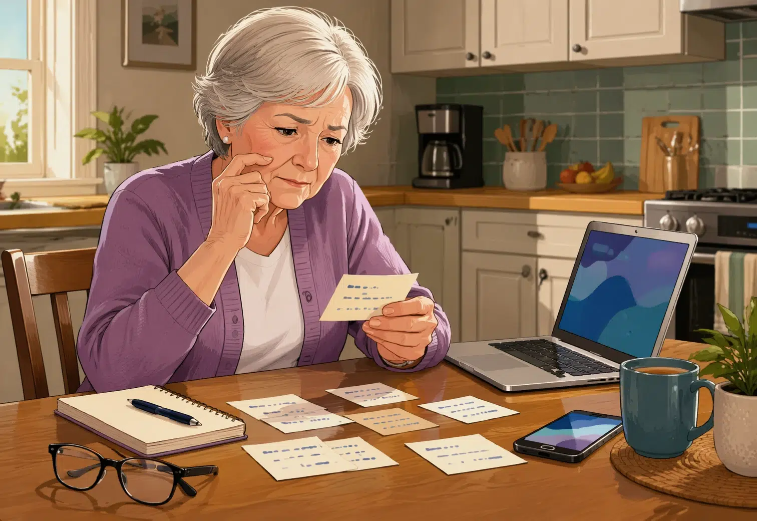 Seniorin prüft Passwortzettel neben Laptop und Smartphone