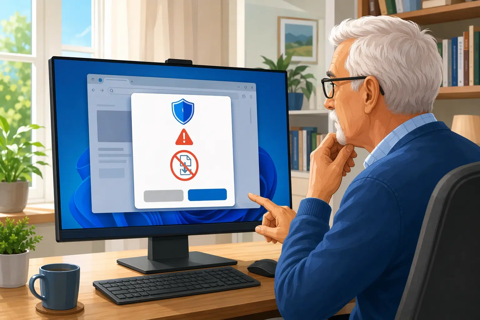 Senior prüft Warnmeldung am Desktop im hellen Arbeitszimmer
