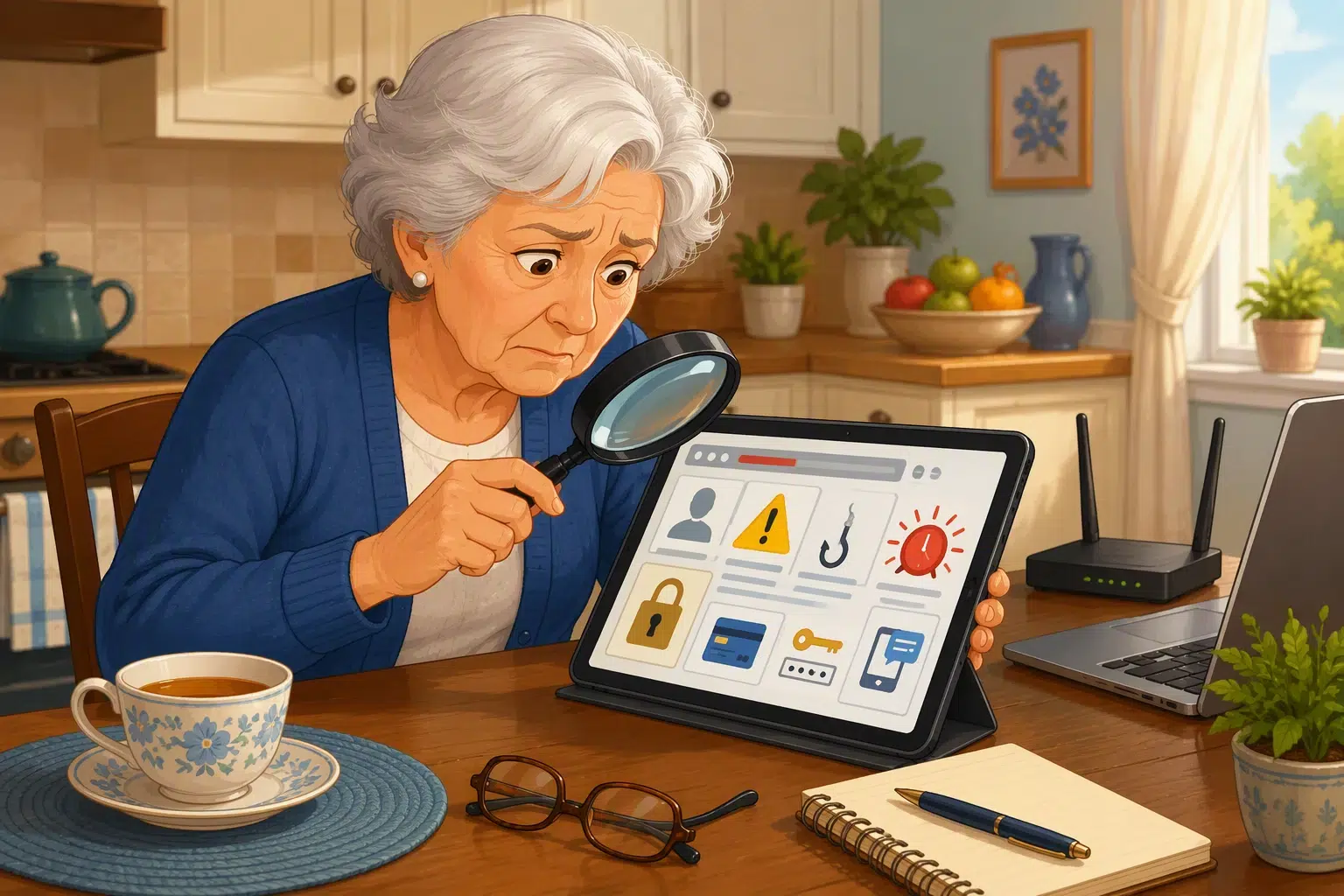 Seniorin prüft verdächtige E-Mail auf Tablet am Küchentisch