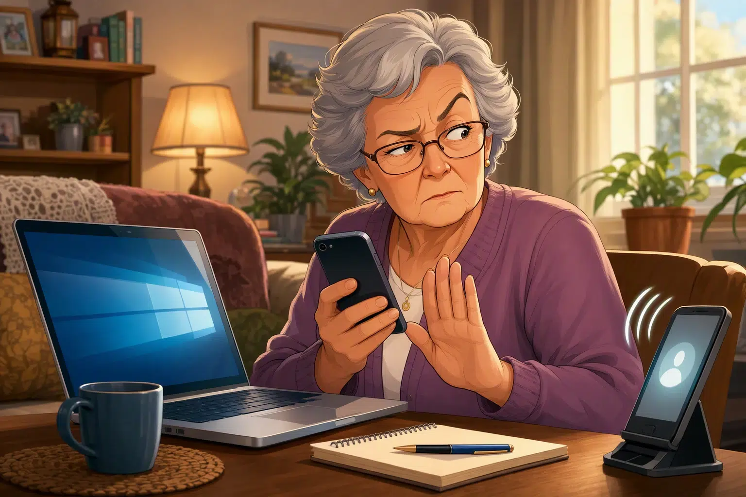 Senior prüft skeptisch SMS-Code neben Laptop