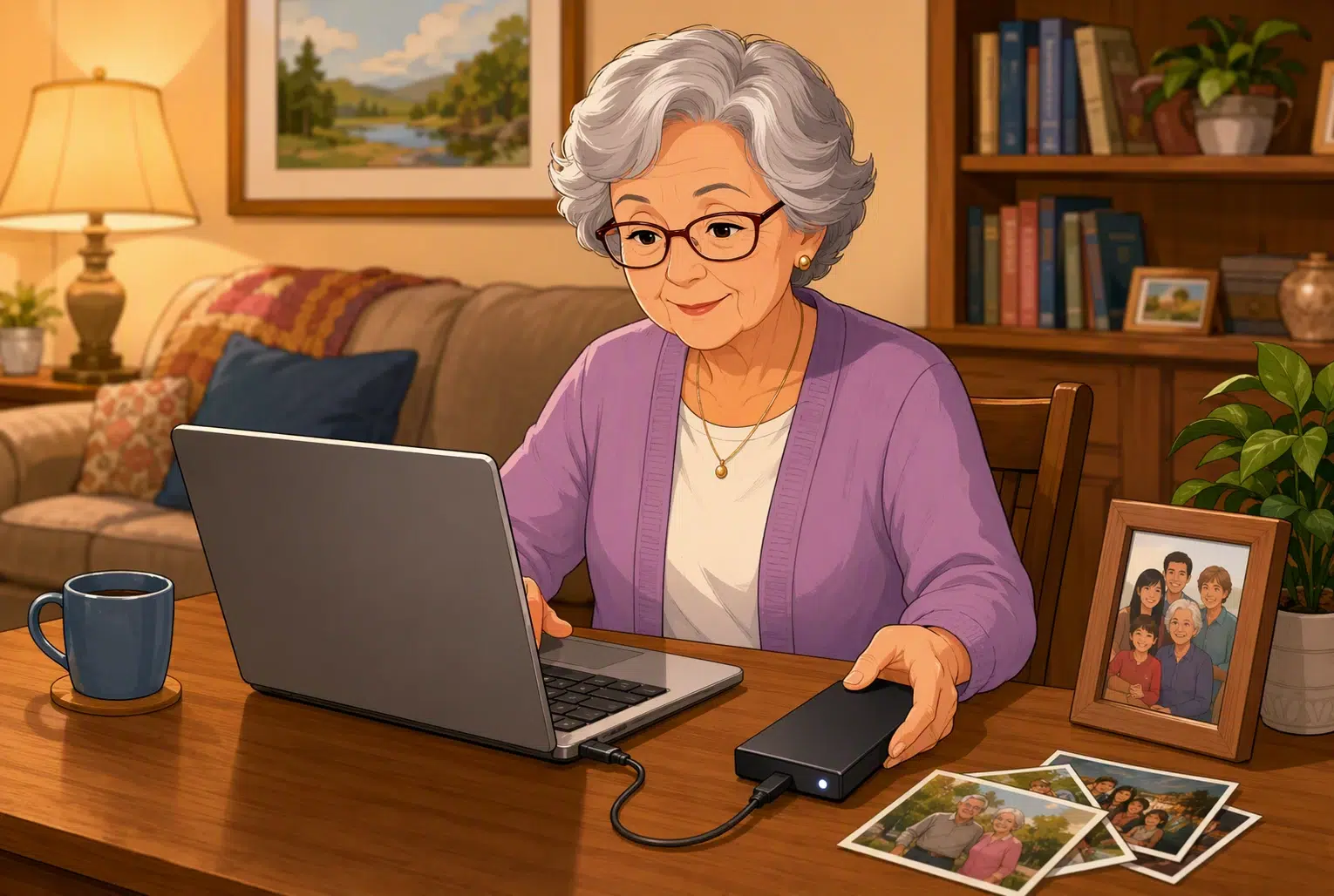 Seniorin sichert Fotos auf externe USB-Festplatte