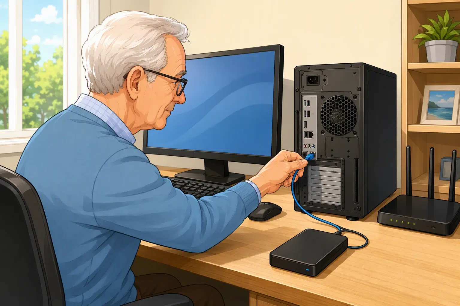 Senior zieht LAN-Kabel vom Desktop im Arbeitszimmer